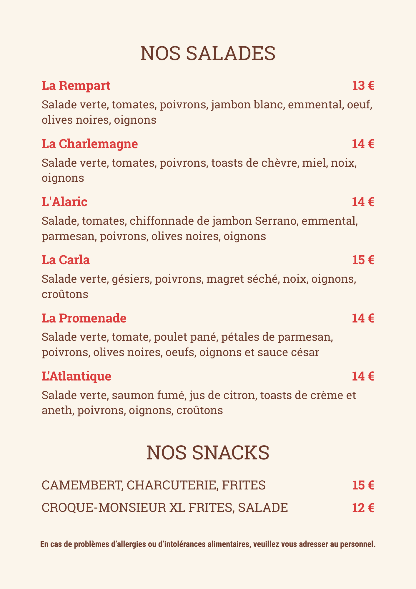 Menu Café de la Promenade Lagrasse