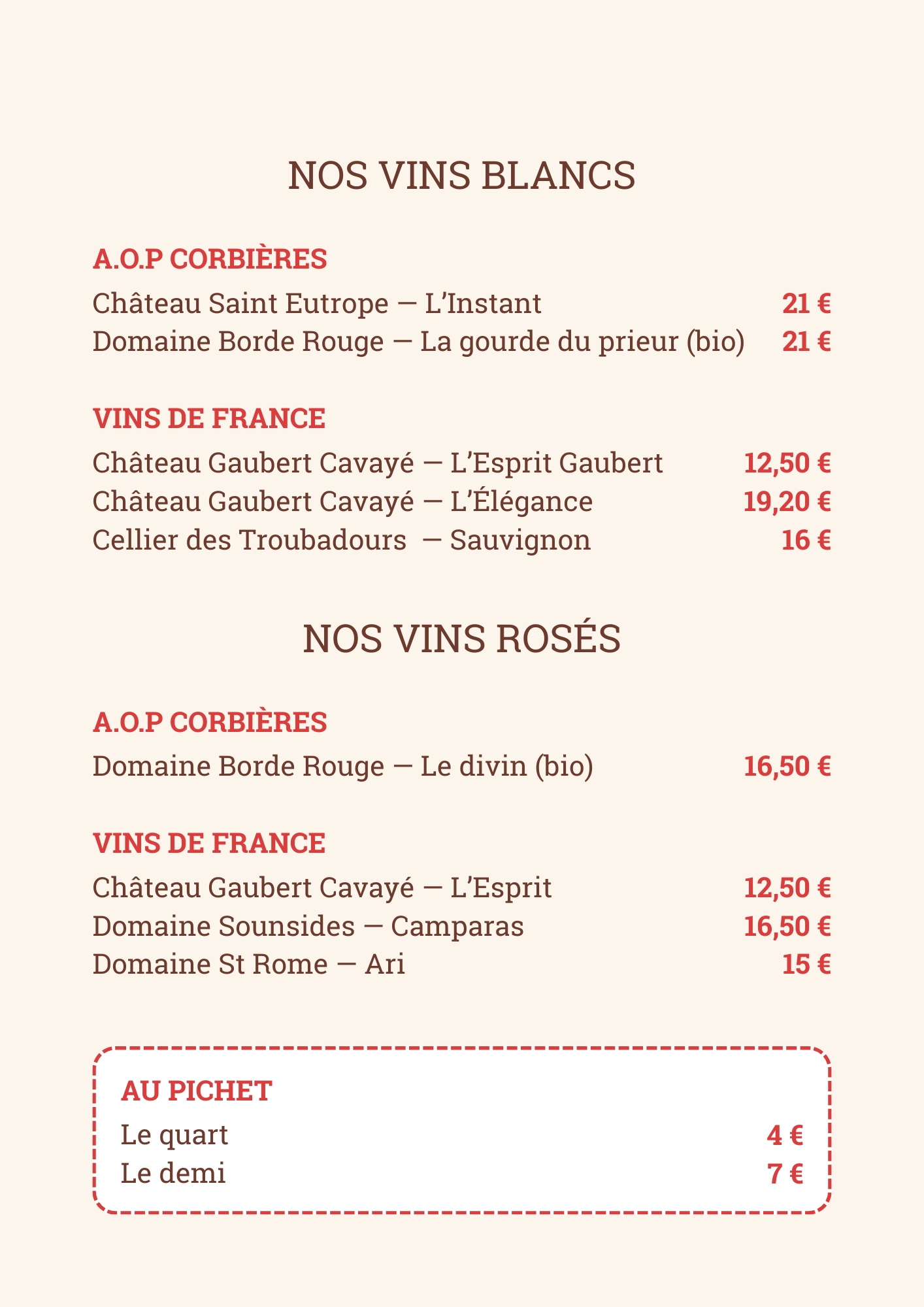 Menu Café de la Promenade Lagrasse