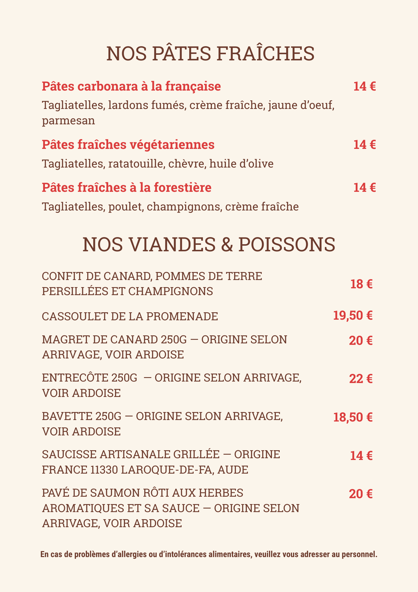 Menu Café de la Promenade Lagrasse